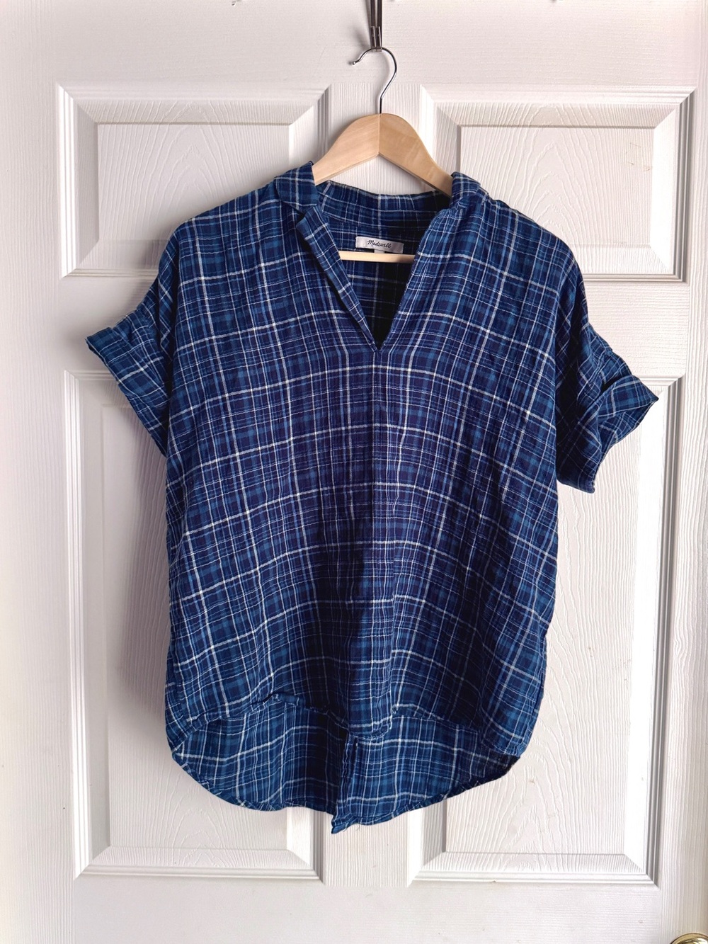 ‘ Madewell ’ Multi Blue Tartan V-Neck Collared Top size XXS